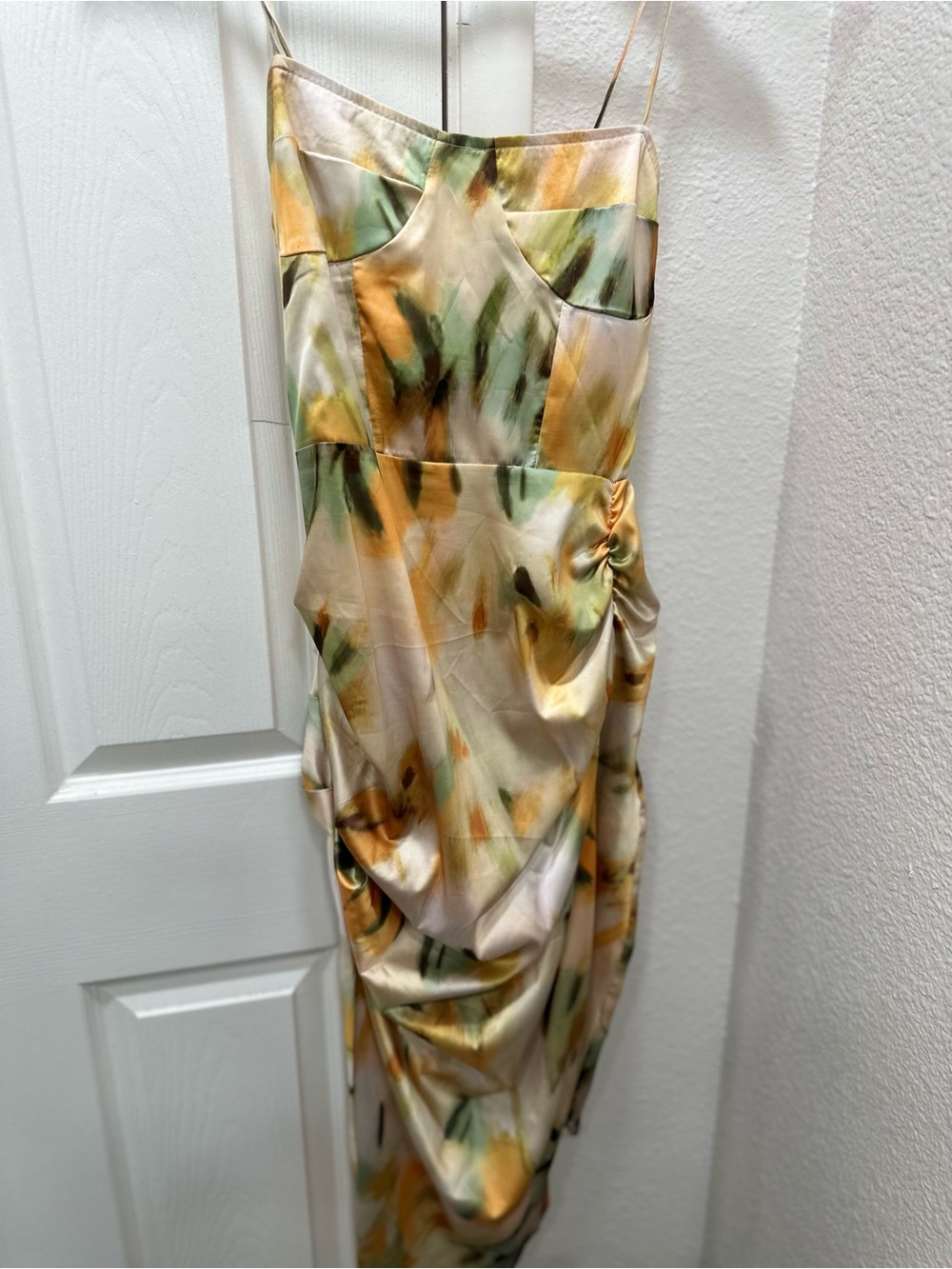 CBR Satin Slip Dress in Cream with Yellow & Sage Accents